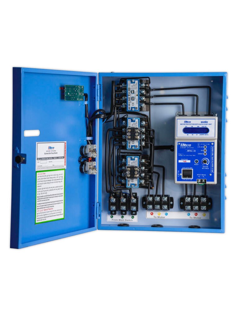 BTCO FASD-03 star delta starter with the door open, showing three BCH contactors, connectors and the MPAU unit