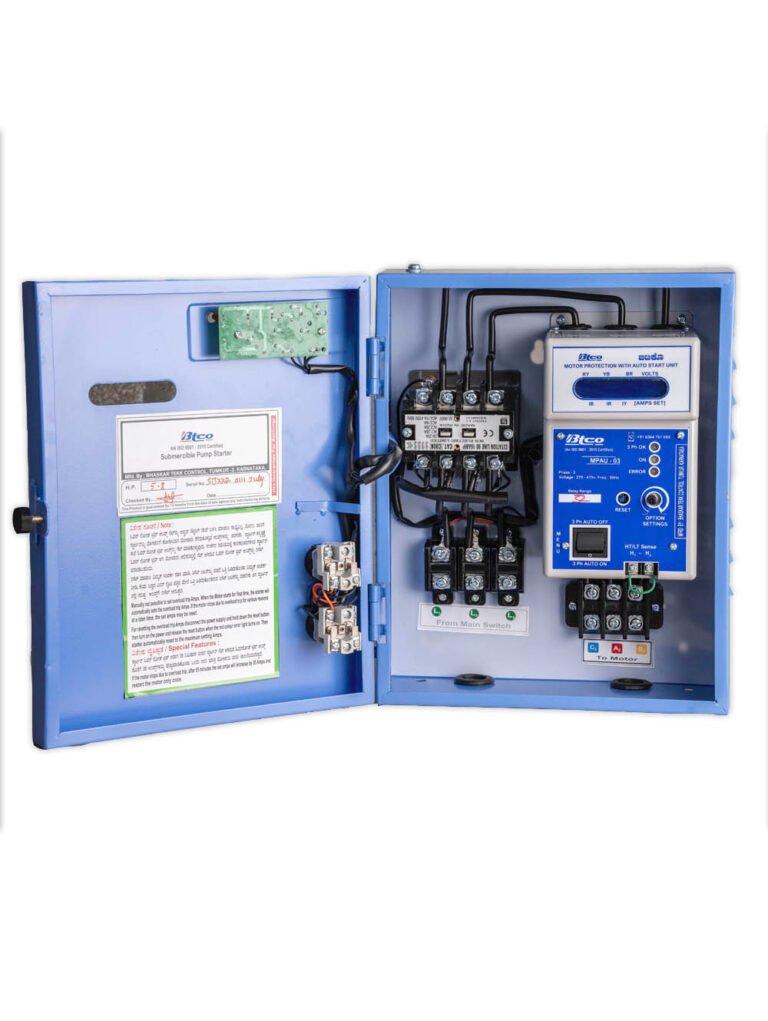 BTCO DOL-03 starter with the door open, showing the BCH contactors, connectors and the MPAU unit with its digital display
