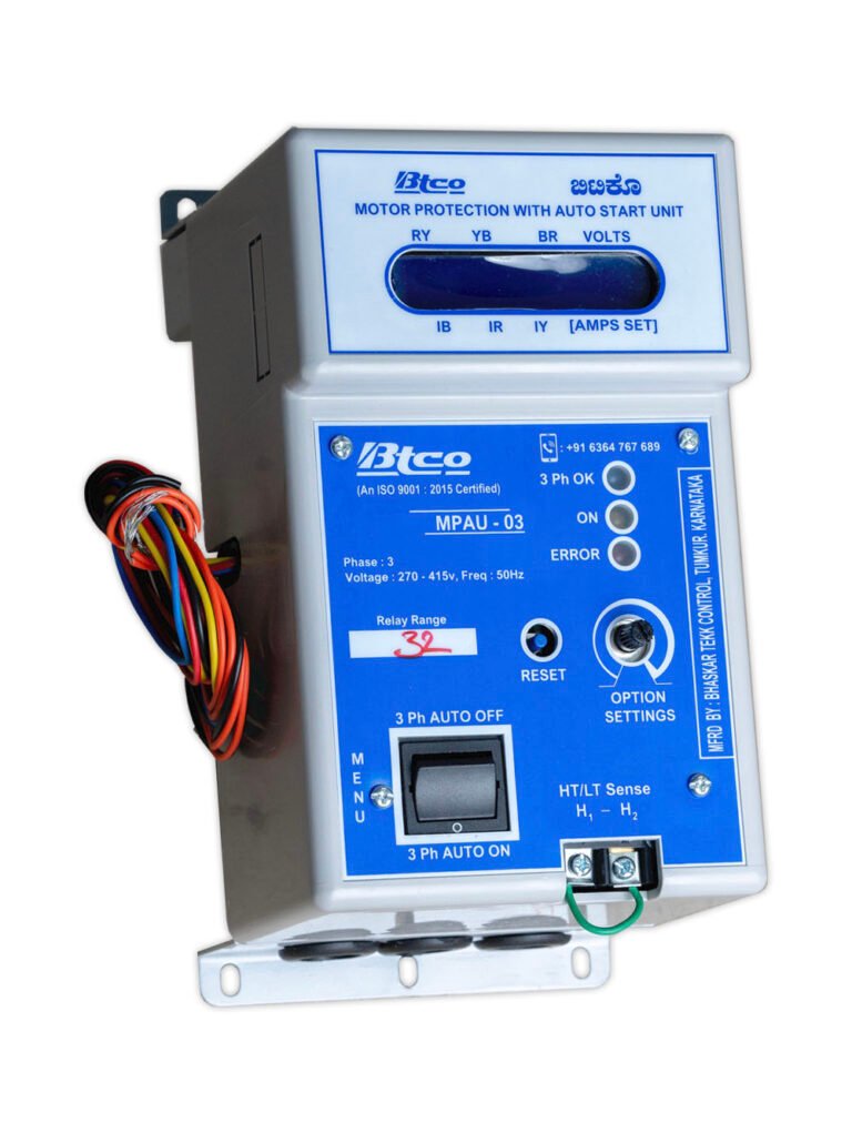 BTCO MPAU-03 digital auto start unit and motor protection device, with volts and amps LCD, relay range setting and 3 phase auto ON/OFF switch
