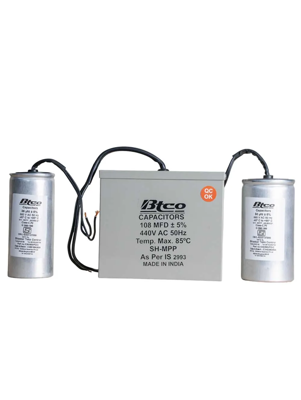Set of BTCO capacitors: a 108 MFD box-type capacitor with 36 MFD and 50 MFD cylindrical capacitors