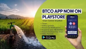 BTCO Starters app on a phone in a farmer's hand, with a borewell pump watering a green field