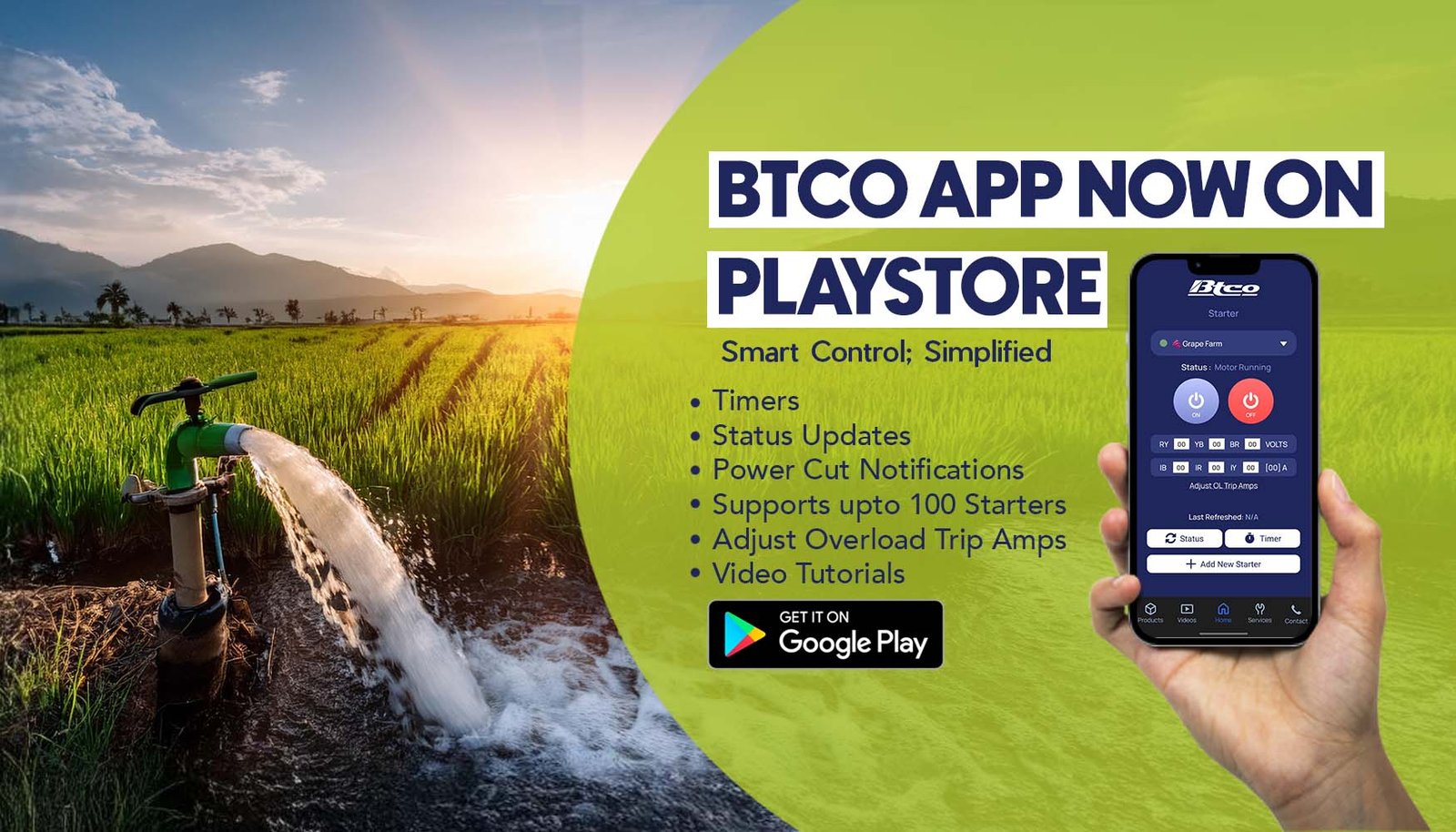 BTCO Starters app on a phone in a farmer's hand, with a borewell pump watering a green field