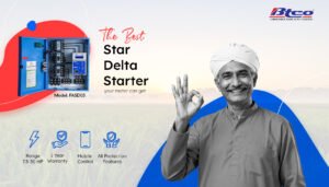 BTCO FASD-03 star delta starter with a smiling farmer: range 7.5–30 HP, 1 year warranty, mobile control, all protection features