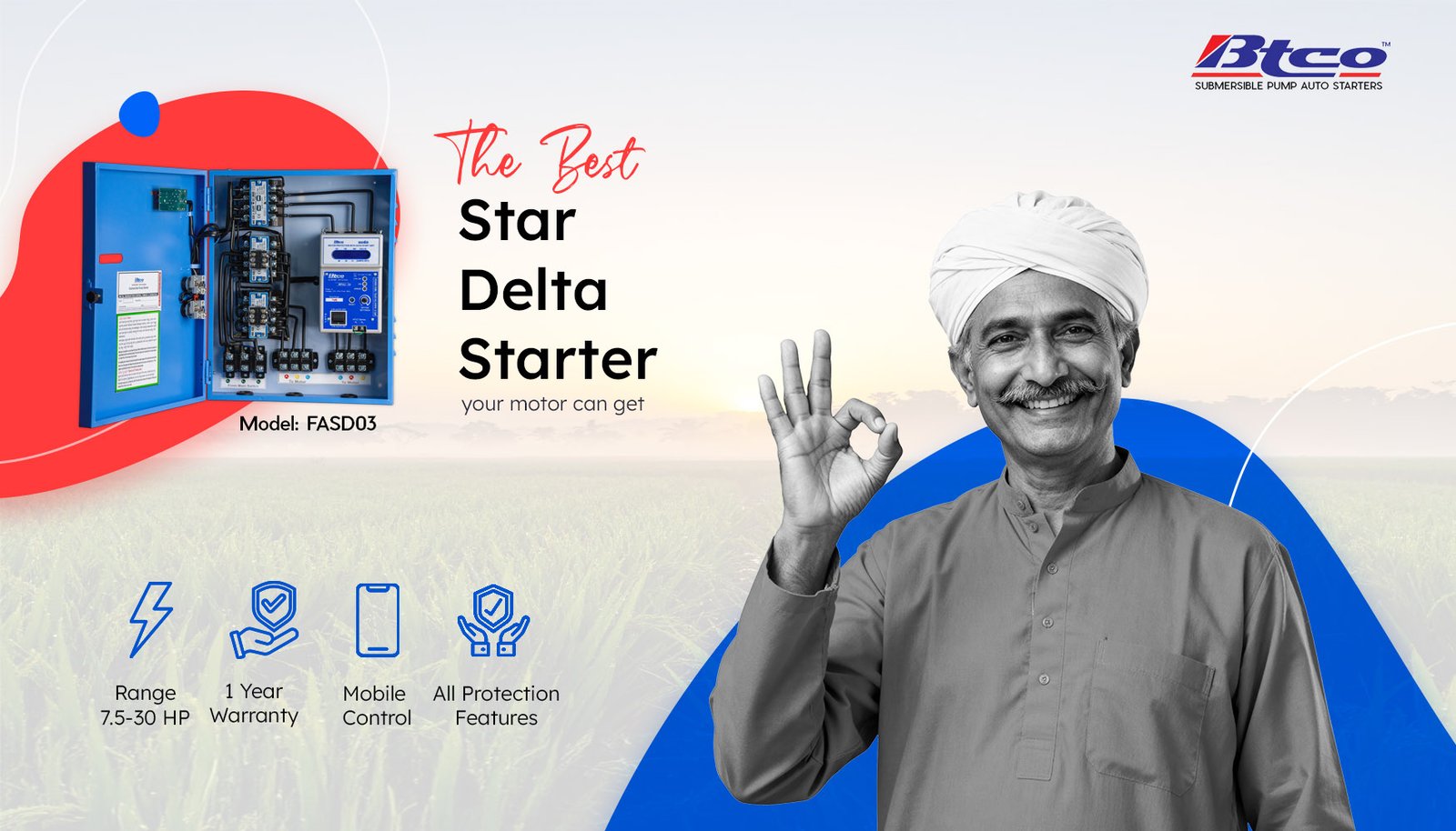 BTCO FASD-03 star delta starter with a smiling farmer: range 7.5–30 HP, 1 year warranty, mobile control, all protection features