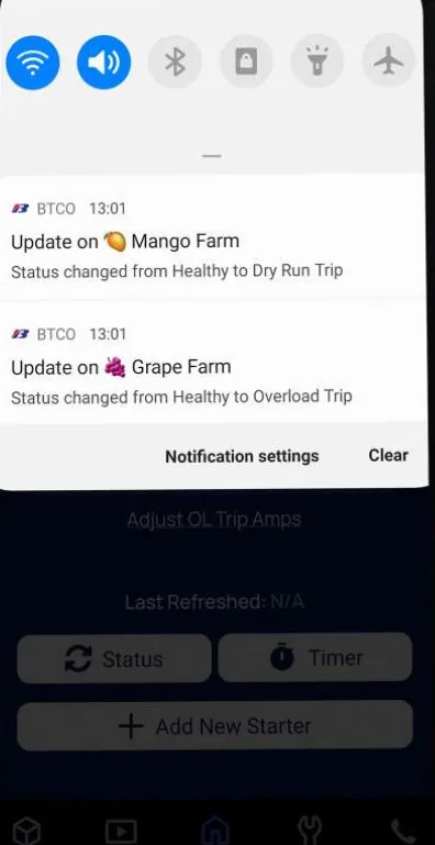 Phone notifications from the BTCO app: status changed from Healthy to Dry Run Trip and to Overload Trip