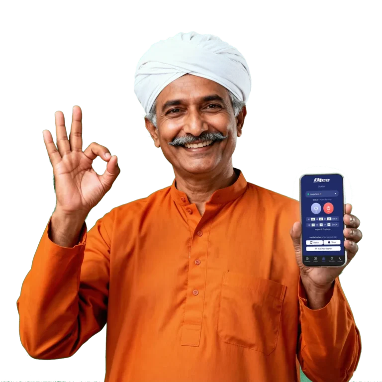 Farmer holding a phone with the BTCO Starters app open