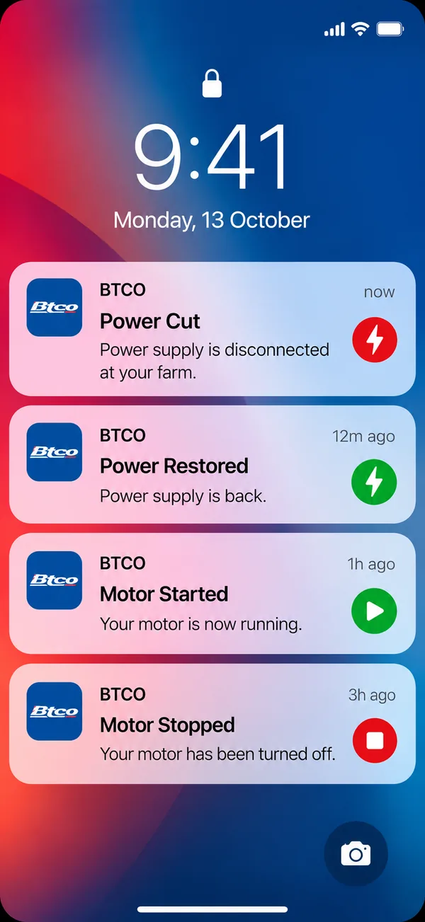 Phone lock screen with BTCO app notifications: Power Cut, Power Restored, Motor Started and Motor Stopped