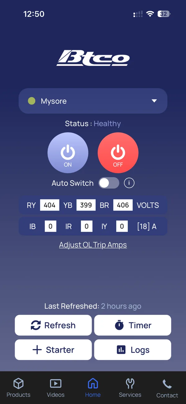 BTCO Starters app home screen with ON and OFF buttons, Auto Switch and live voltage and current