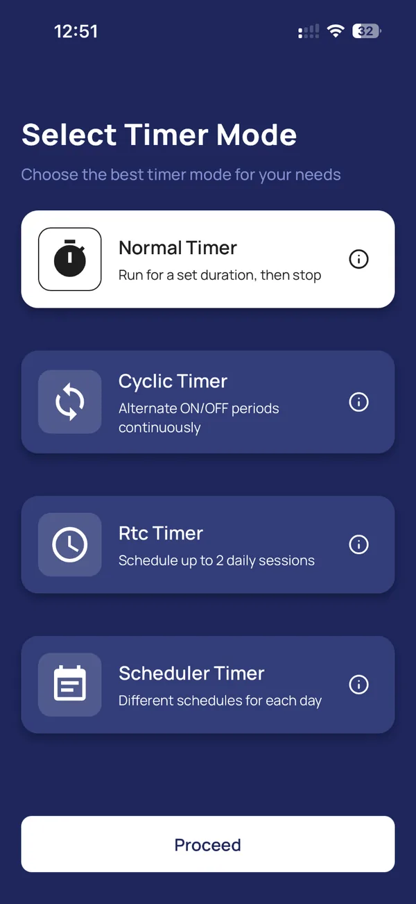 Select Timer Mode screen showing Normal, Cyclic, RTC and Scheduler timers