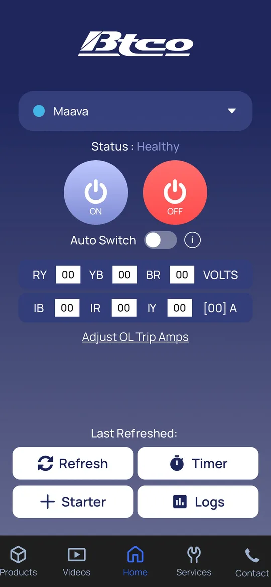 BTCO Starters app home screen with motor ON and OFF buttons, voltage and current