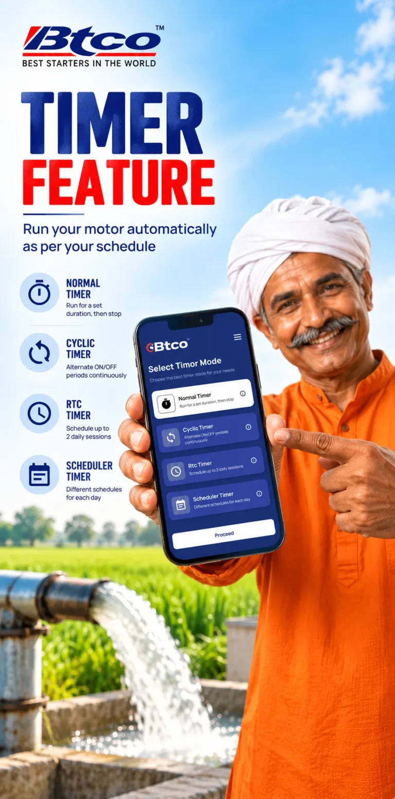 Farmer holding a phone with the BTCO Starters app timer modes: normal, cyclic, RTC and scheduler