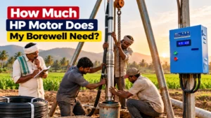Workers lowering a submersible motor-pump into a borewell, with a BTCO starter on a pole beside it