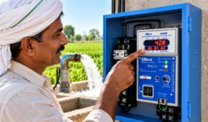 Farmer reading the volts and amps on the digital display of a BTCO starter at his borewell