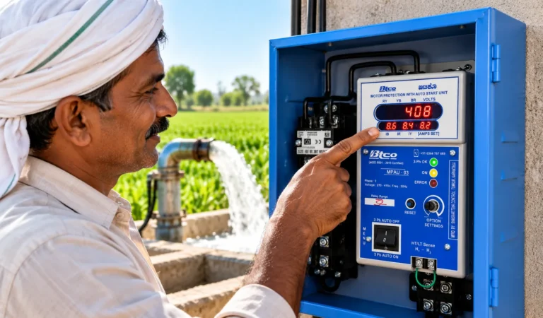 ಬೋರ್‌ವೆಲ್ ಬಳಿ BTCO ಸ್ಟಾರ್ಟರ್‌ನ ಡಿಜಿಟಲ್ ಡಿಸ್‌ಪ್ಲೇಯಲ್ಲಿ ವೋಲ್ಟ್ ಮತ್ತು ಆಂಪ್ಸ್ ನೋಡುತ್ತಿರುವ ರೈತ