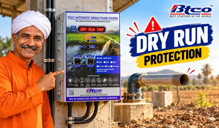 ಬೋರ್‌ವೆಲ್ ಪೈಪ್ ಪಕ್ಕದಲ್ಲಿ Dry Run Trip ತೋರಿಸುತ್ತಿರುವ BTCO ಸ್ಟಾರ್ಟರ್: ಡ್ರೈ ರನ್ ರಕ್ಷಣೆ ಮೋಟಾರ್ ಸುಡುವುದನ್ನು ತಡೆಯುತ್ತದೆ