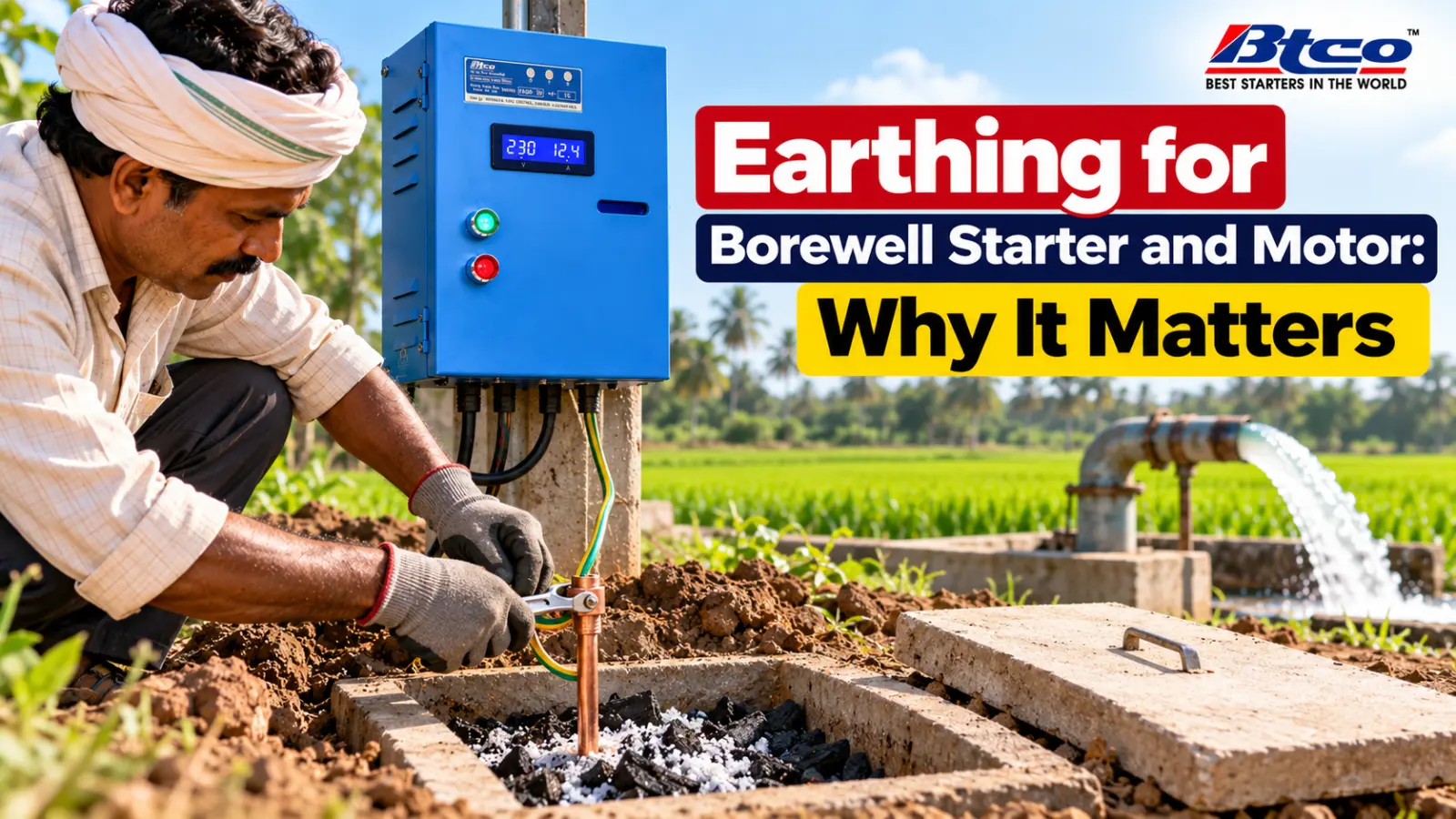 Electrician fixing the earth wire to an earthing rod in a pit next to a BTCO starter