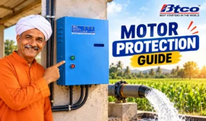 Farmer pointing to a BTCO submersible pump starter at his borewell, with water flowing to the field: motor protection guide