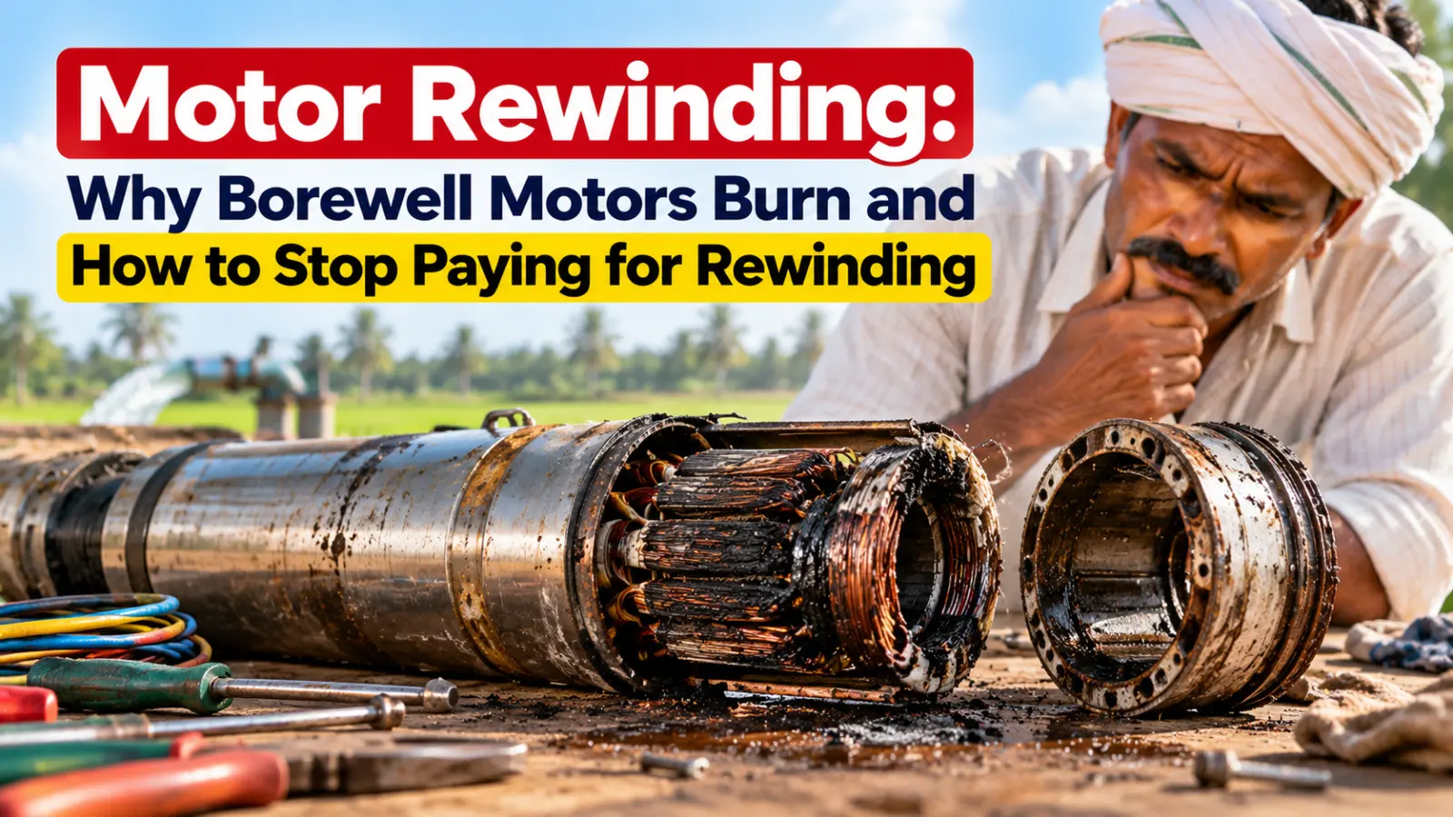 Burnt submersible motor opened on a workbench with blackened copper winding: why borewell motors need rewinding