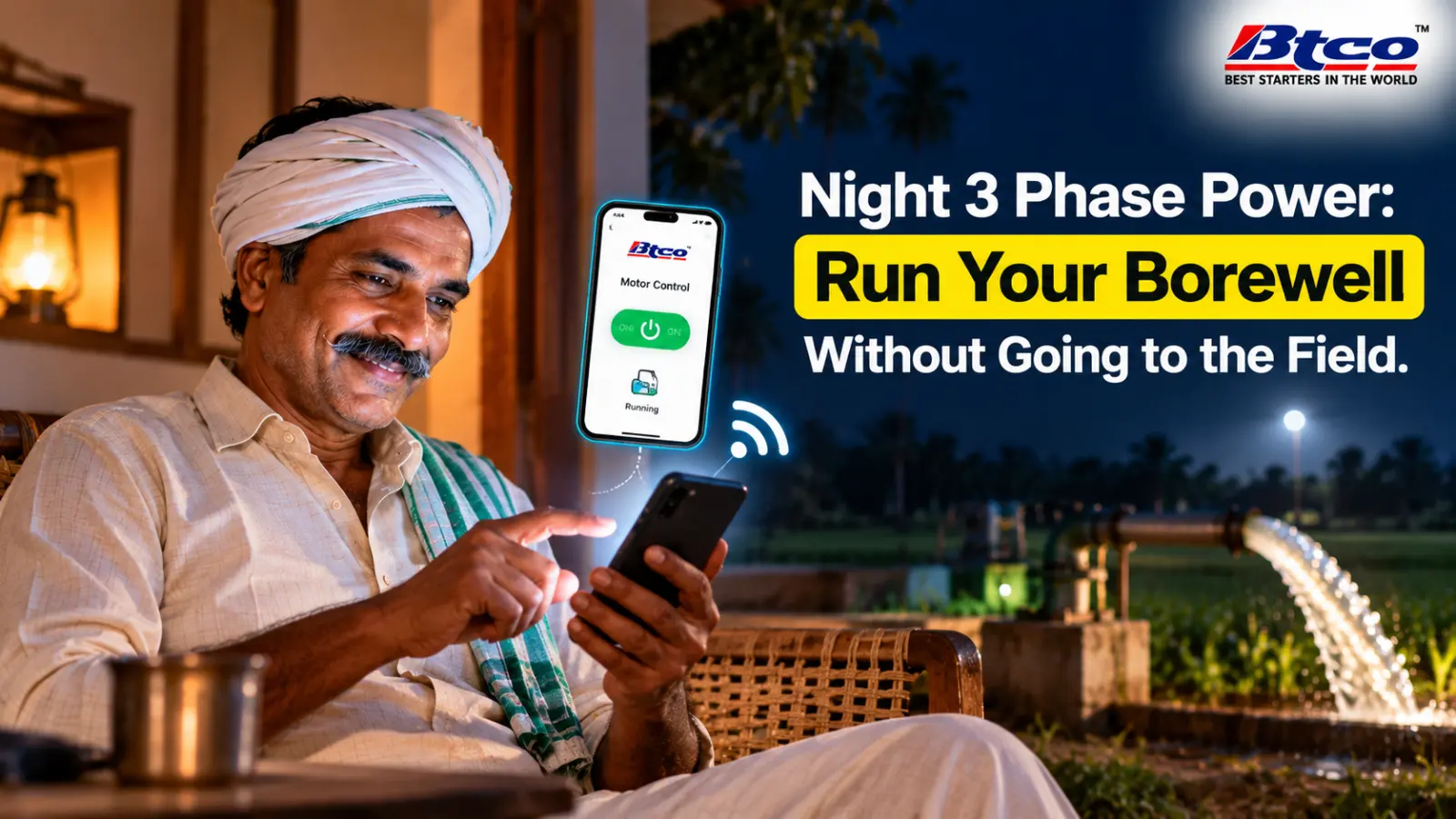 Farmer at home at night switching the borewell motor on from the BTCO app on a phone
