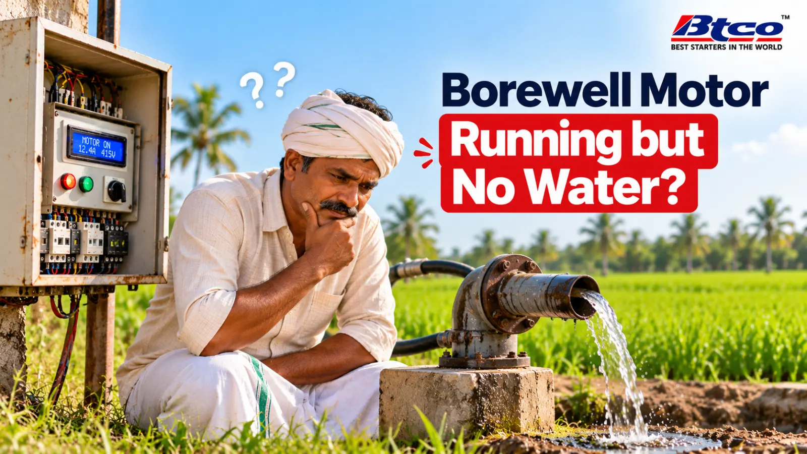 Farmer looking at a borewell pipe giving only a trickle while the starter shows the motor running