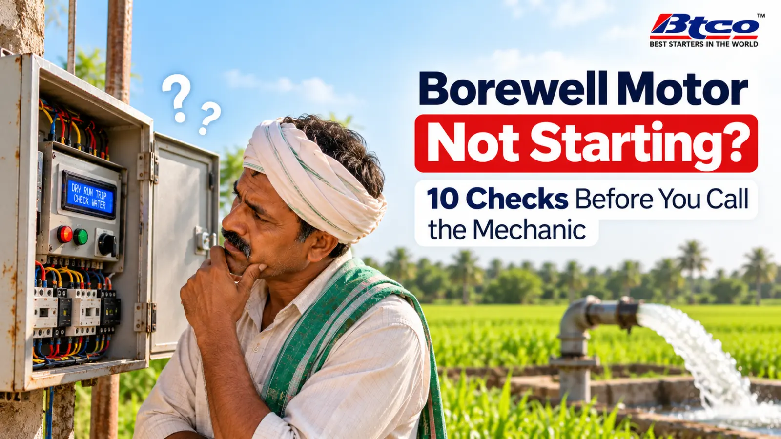 Farmer looking puzzled at an open BTCO starter next to a borewell: borewell motor not starting