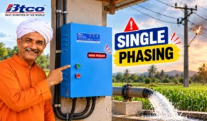Farmer pointing to a BTCO starter showing Mains Problem when a phase goes missing on the line: single phasing protection