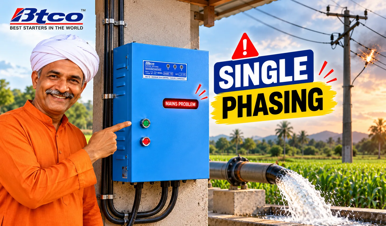 Farmer pointing to a BTCO starter showing Mains Problem when a phase goes missing on the line: single phasing protection