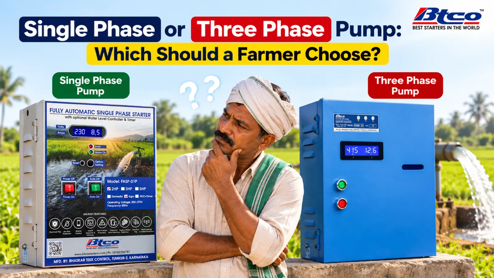 Farmer comparing a BTCO single phase starter and a three phase starter for a submersible pump