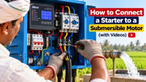 Electrician connecting the red, yellow and blue motor cable wires inside an open BTCO starter
