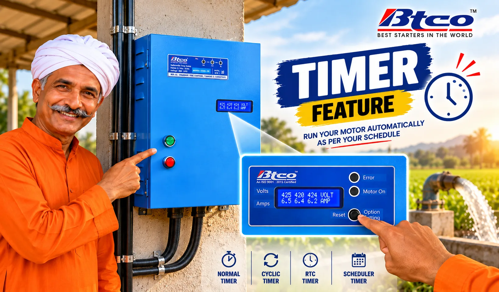 Farmer pointing to a BTCO starter set to the cyclic timer: normal, cyclic, RTC and scheduler timers for a submersible pump