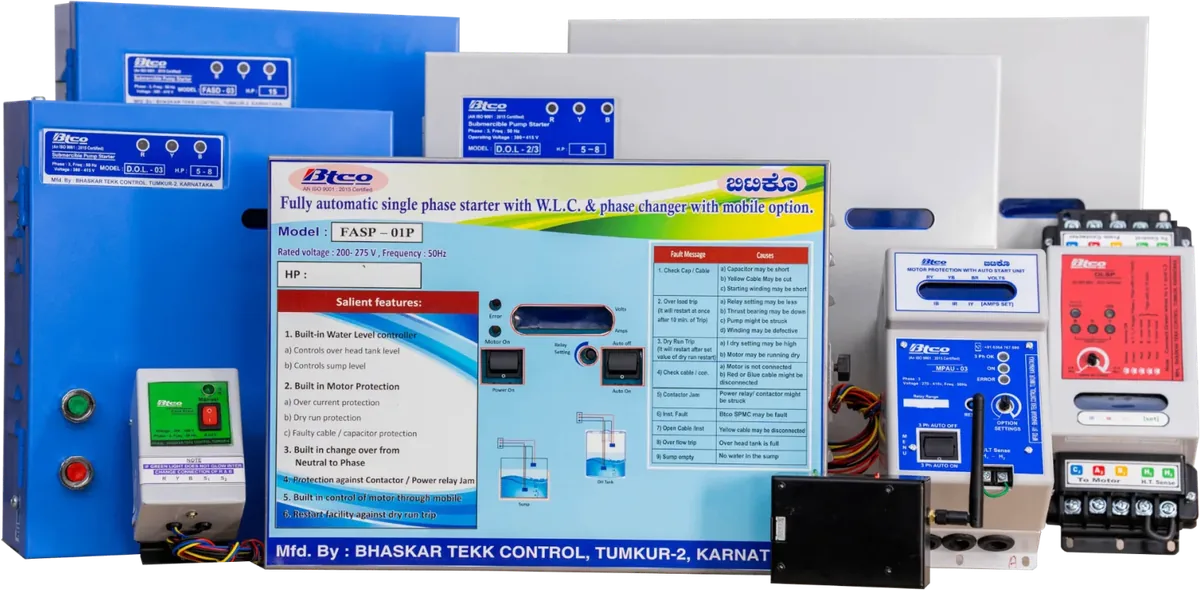 The BTCO starter range: DOL, star delta, Combined juice line, single phase starters, MPAU auto start unit and GSM mobile starter module