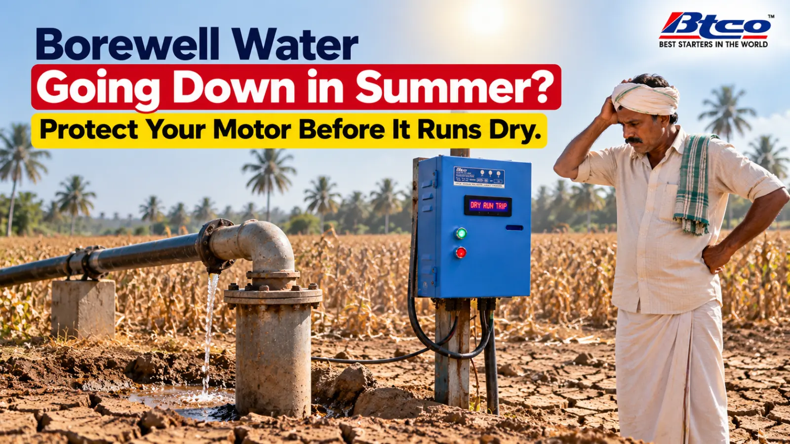 Dry cracked field in summer with a borewell giving little water and a BTCO starter showing Dry Run Trip