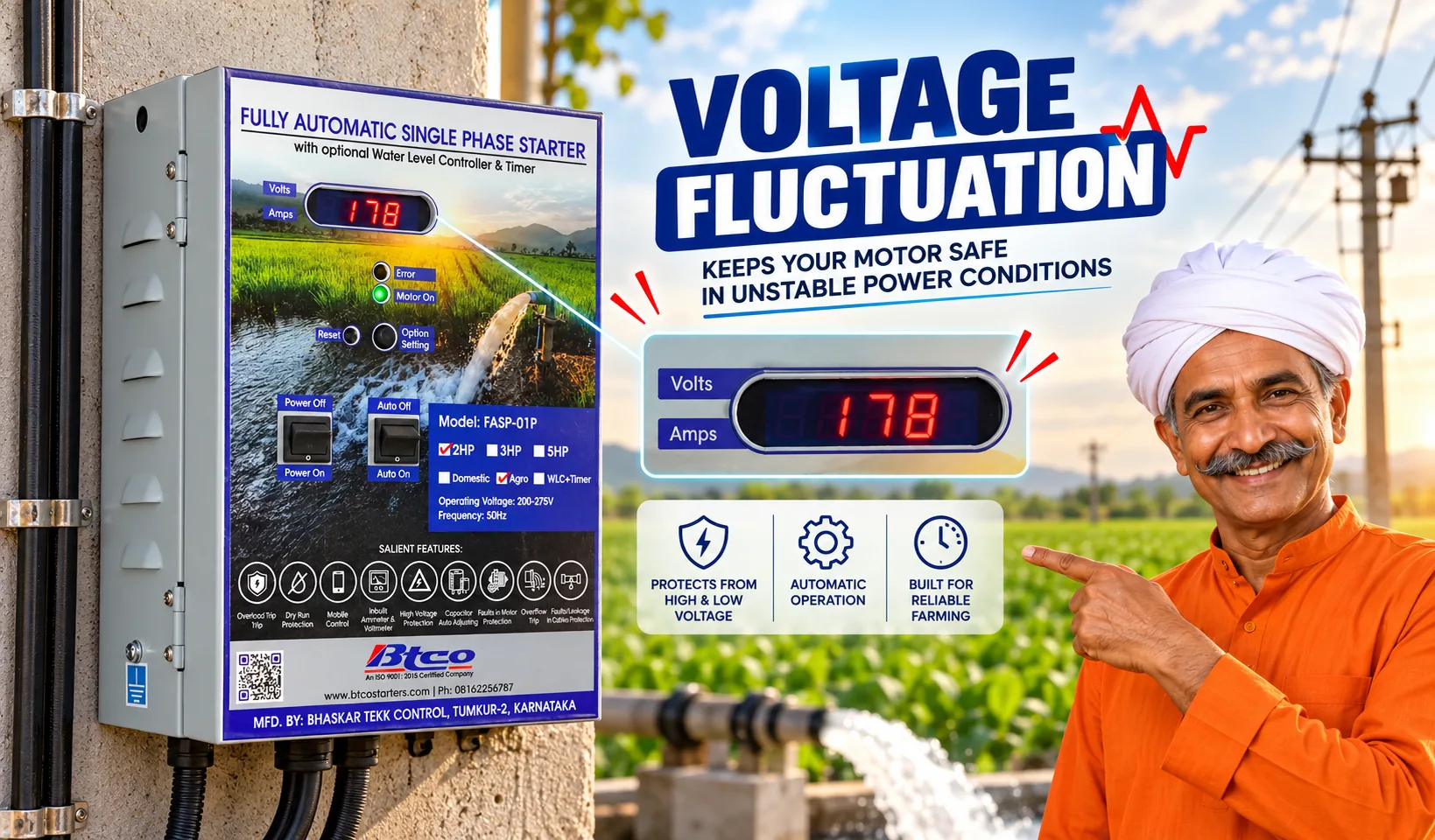 Farmer pointing to a BTCO single phase starter showing the voltage, with low and high voltage protection: voltage fluctuation protection