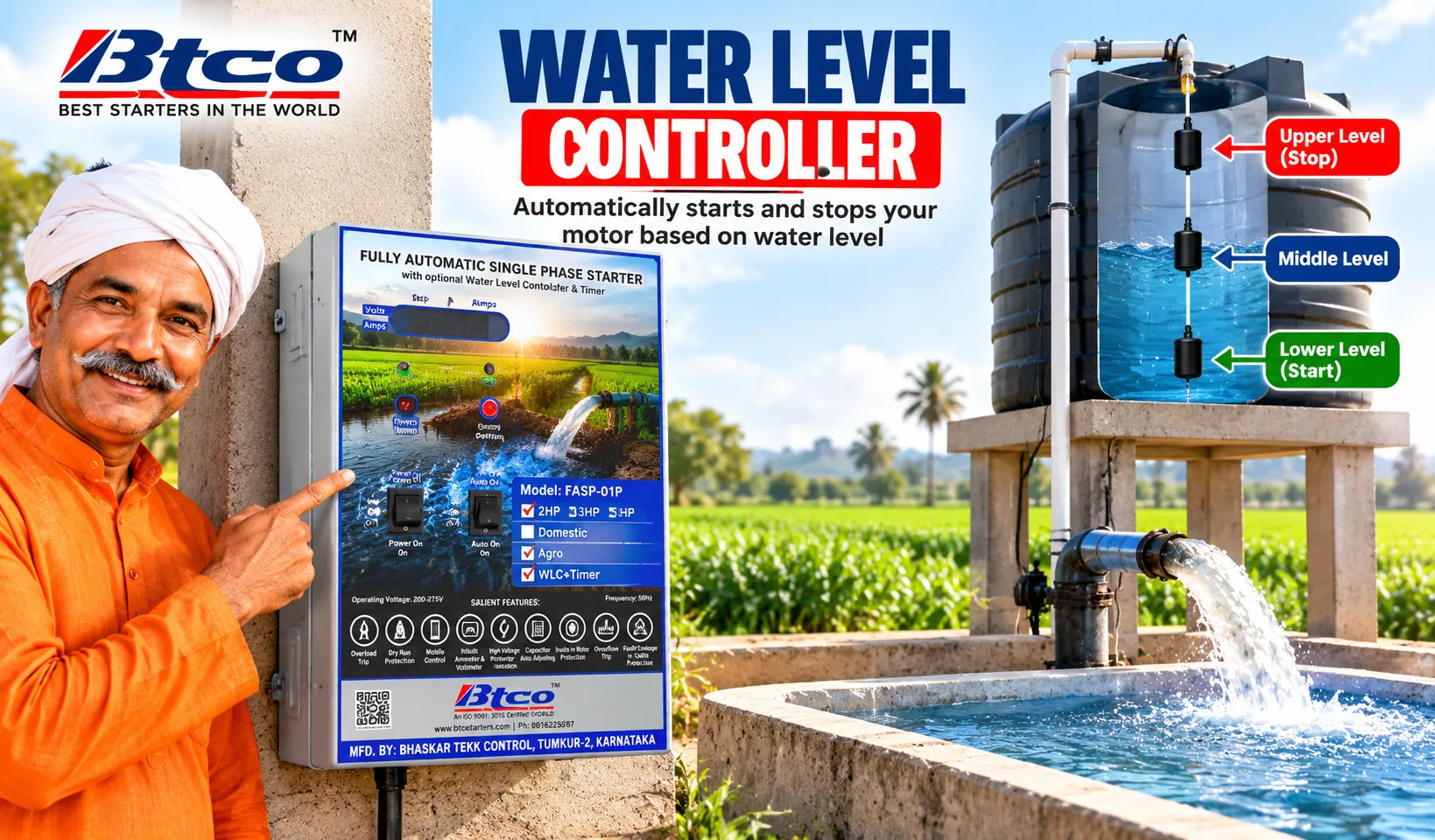 Farmer next to a BTCO single phase starter with water level controller, with an overhead water tank and sump